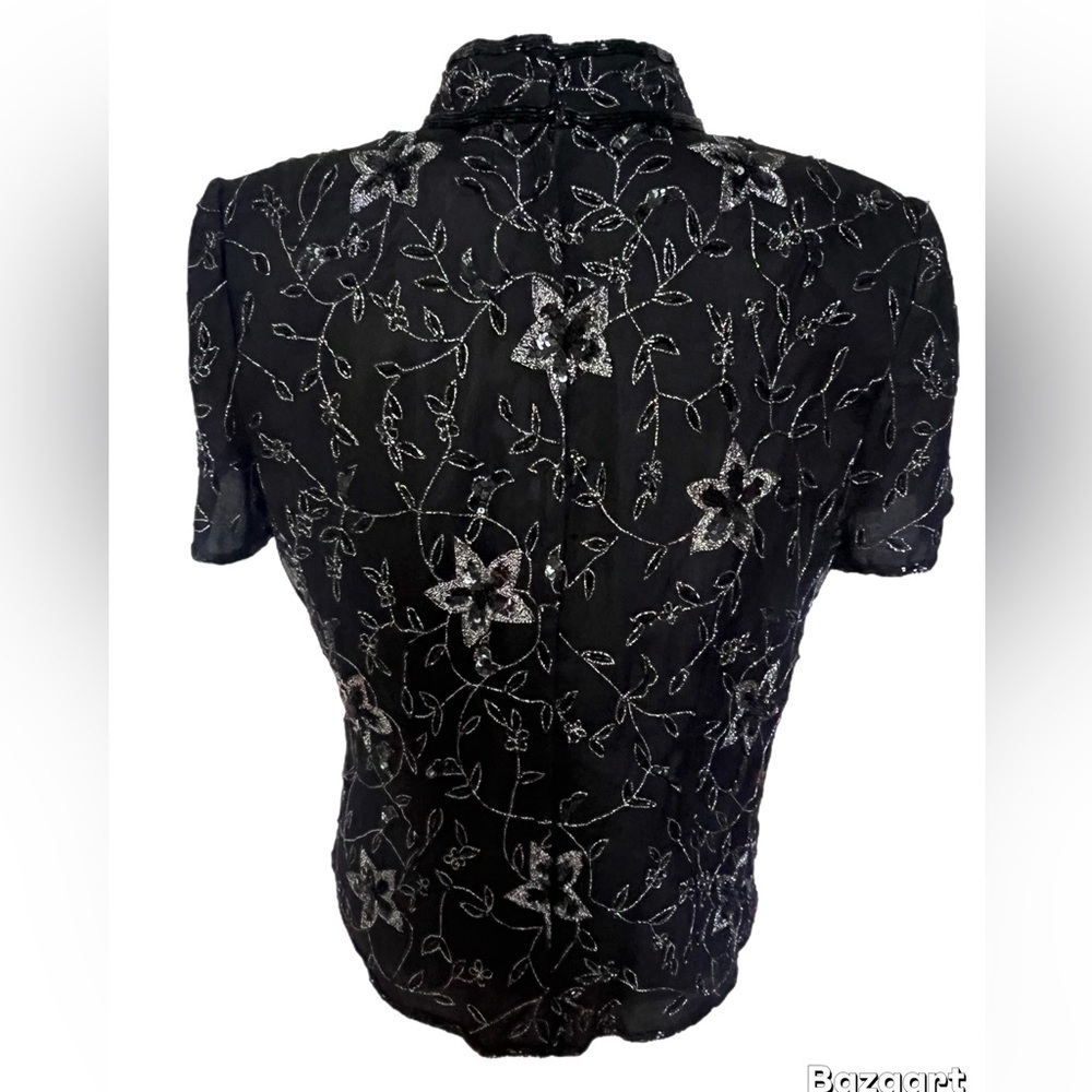 Papell Boutique Top Women’s Size XL Black Beaded Floral ShortSleeve Silk Lined - Picture 5 of 6